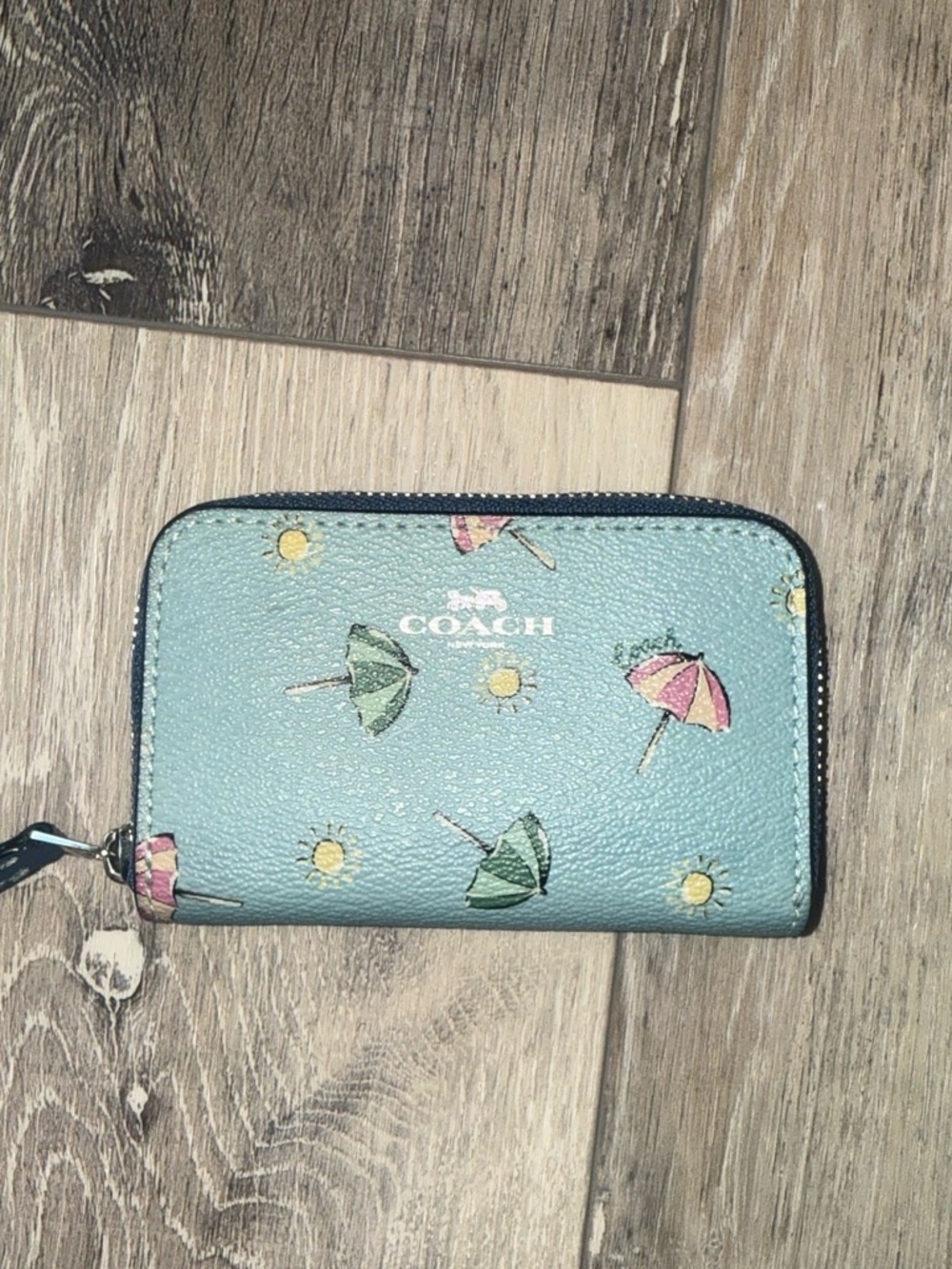 Coach Sky Blue Umbrella & Sun Zip Card Case